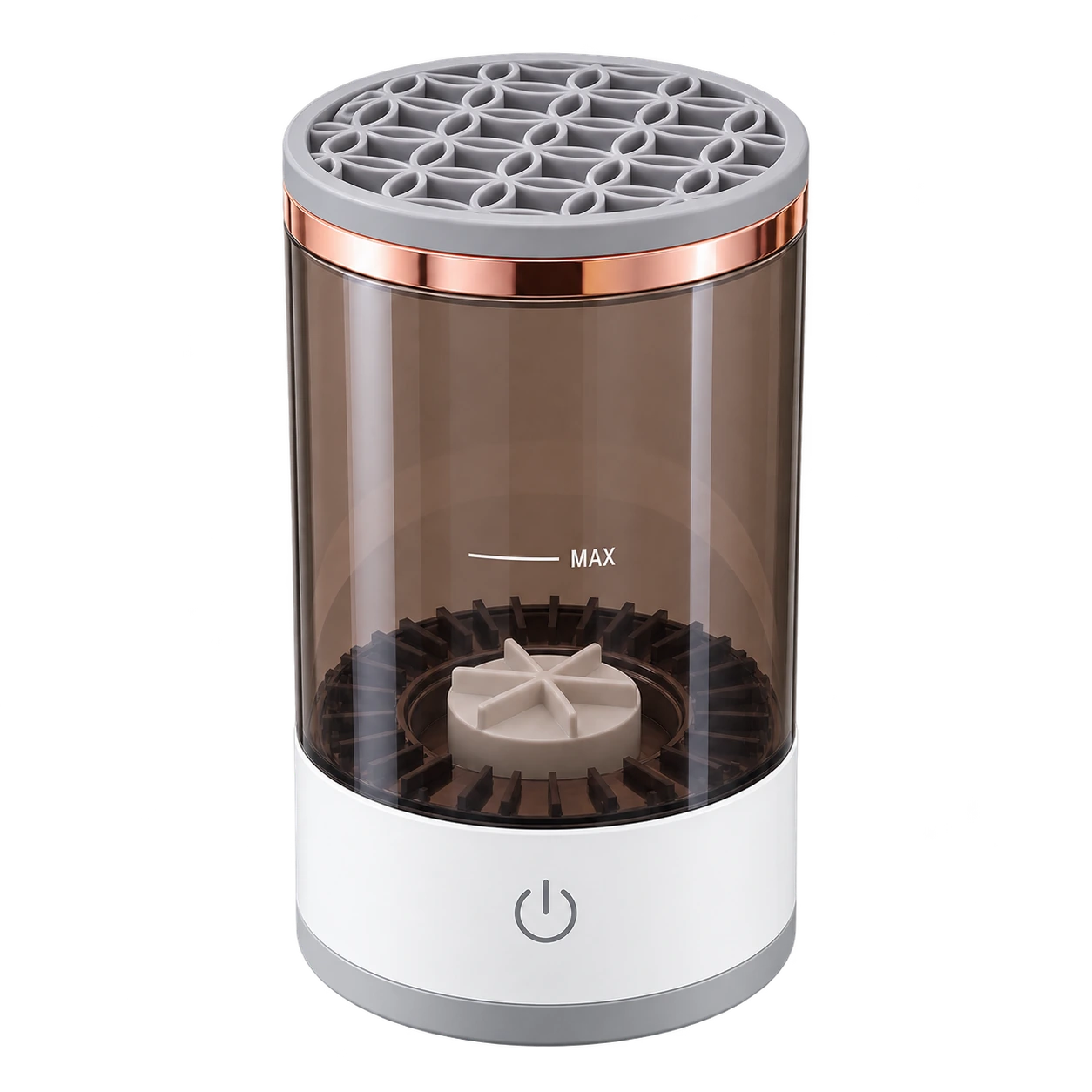 Avenqia electric makeup brush cleaner with a transparent chamber and removable gray holder