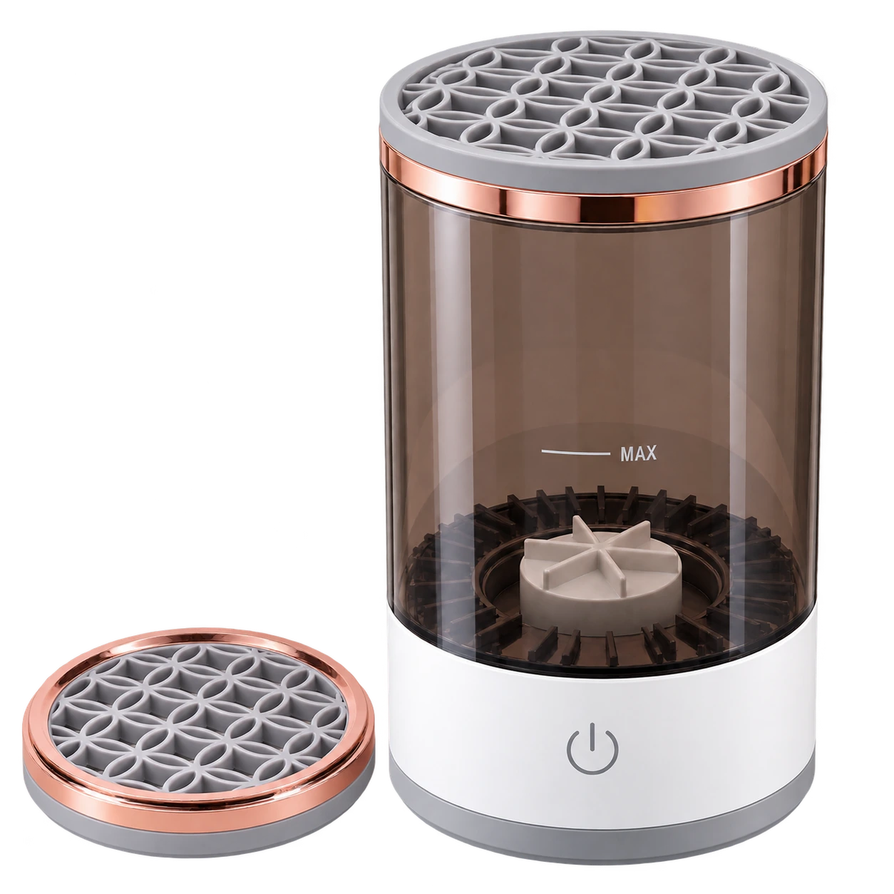 AVENQIA automatic makeup brush cleaner with its removable multi-brush holder beside it